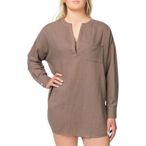 O’Neill Women’s Woven Swim Coverup Tunic Style Long Sleeve Taupe Brown XXL